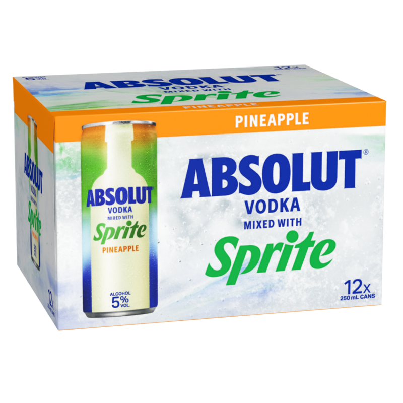 Absolut Vodka Mixed With Sprite Pineapple 5% 12x 250ml cans